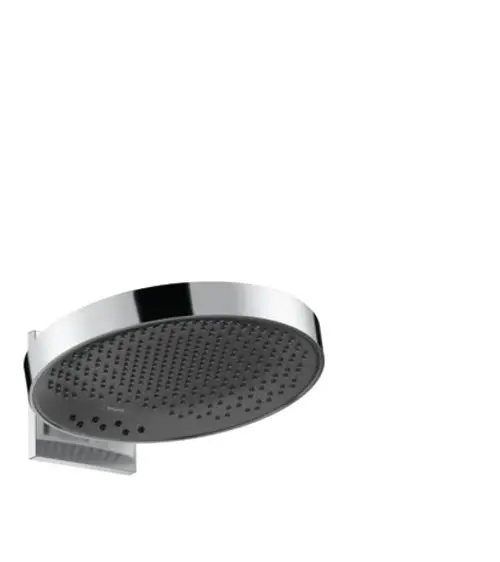 Kopfbrause von Hansgrohe in rundem Design, mit Wandanschluss und mehreren Düsen. Oberflächenverarbeitung in Chrom.